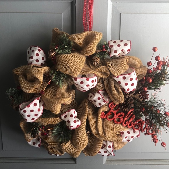 Other - Burlap and ribbon looped Christmas wreath